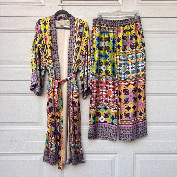 Zara Co-Ord Set multicoloured printed kimono with belt and matching trousers XL - Picture 1 of 15